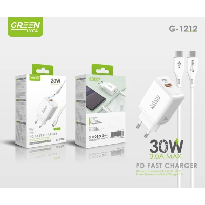 Cargador Rápido 30W USB-C Power Delivery + Quick Charge 3.0 con Cable USB-C Incluido Green Lyca G-1212